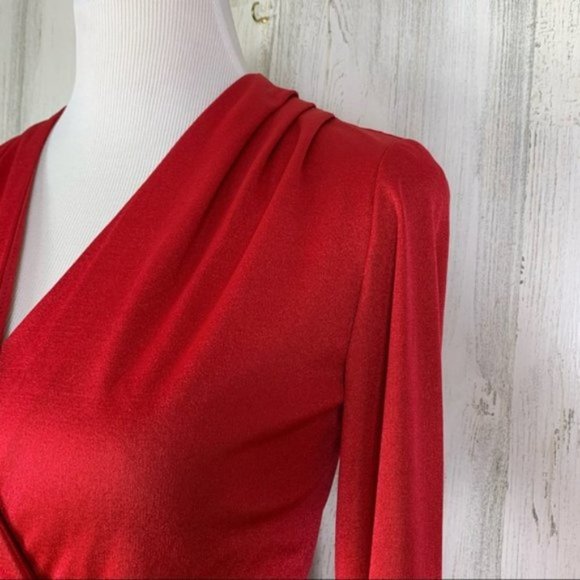 Vintage 70s Bright Red Faux Wrap Midi Dress - Picture 3 of 12